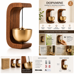 Magnetische Houten Deurbel met Bronzen Klankbel – Minimalistische Windbel Set van 2 Stuks voor Entree, Woning en Decoratie