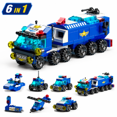 6-in-1 Politie Bouwstenen Set | Police Car, Helicopter & Boat Building Toy – Compatibel met LEGO