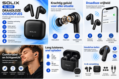 Solix Draadloze Bluetooth Oordopjes – Bluetooth 5.4, Tot 28 Uur Batterijduur met Oplaadcase, Touchbediening, Microfoon en USB-C