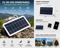 Draagbaar USB Zonnepaneel 5V 2W – Mini Solar Charger voor Smartphone, Powerbank, Camping en Outdoor Gebruik