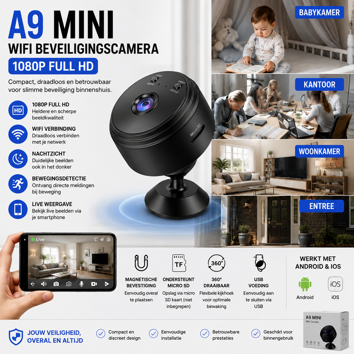 A9 Mini WiFi Beveiligingscamera 1080P Full HD | Draadloze Indoor Camera met Nachtzicht & Live Weergave