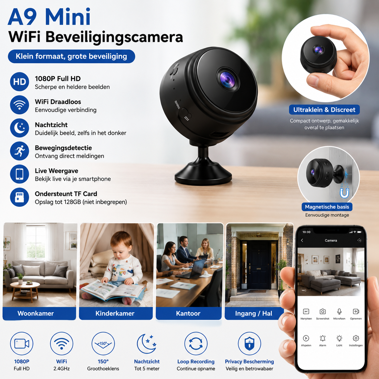 A9 Mini WiFi Beveiligingscamera 1080P Full HD | Draadloze Indoor Camera met Nachtzicht & Live Weergave