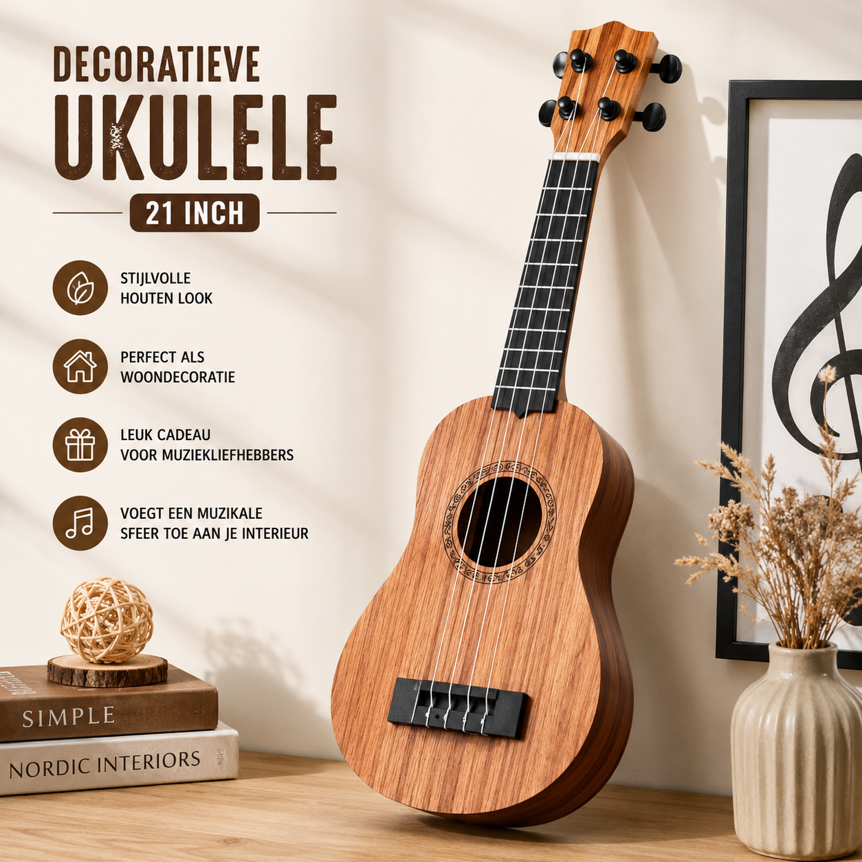 Decoratieve Ukulele 21 Inch | Houten Look Muziek Instrument Decoratie & Woonaccessoire