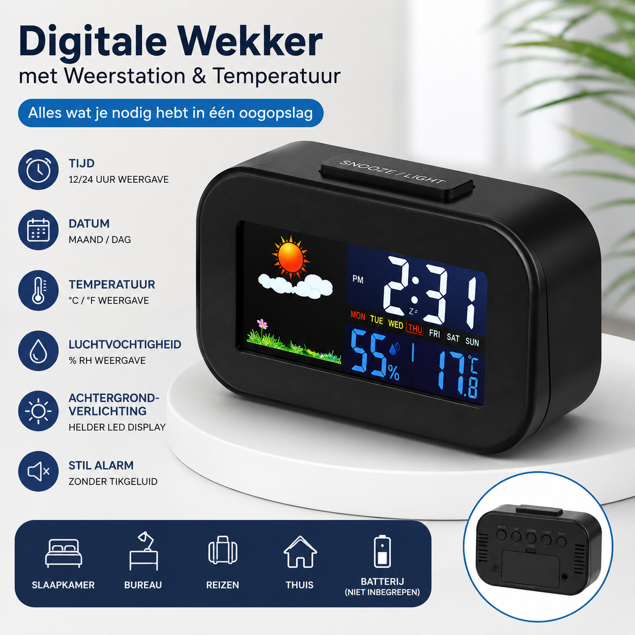 Digitale Wekker met Weerstation & Temperatuur | LED Alarmklok met Datum, Luchtvochtigheid en Achtergrondverlichting