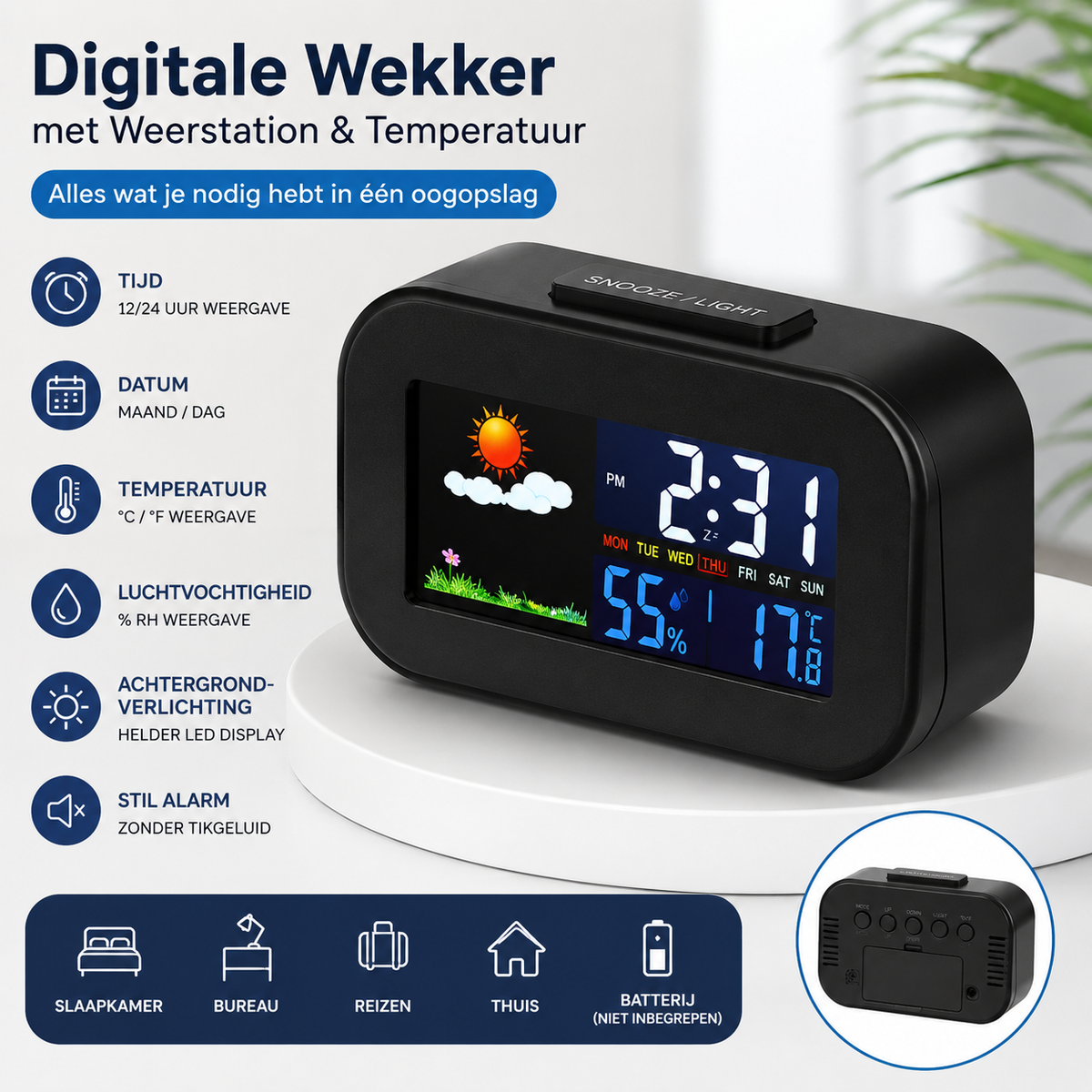 Digitale Wekker met Weerstation & Temperatuur | LED Alarmklok met Datum, Luchtvochtigheid en Achtergrondverlichting