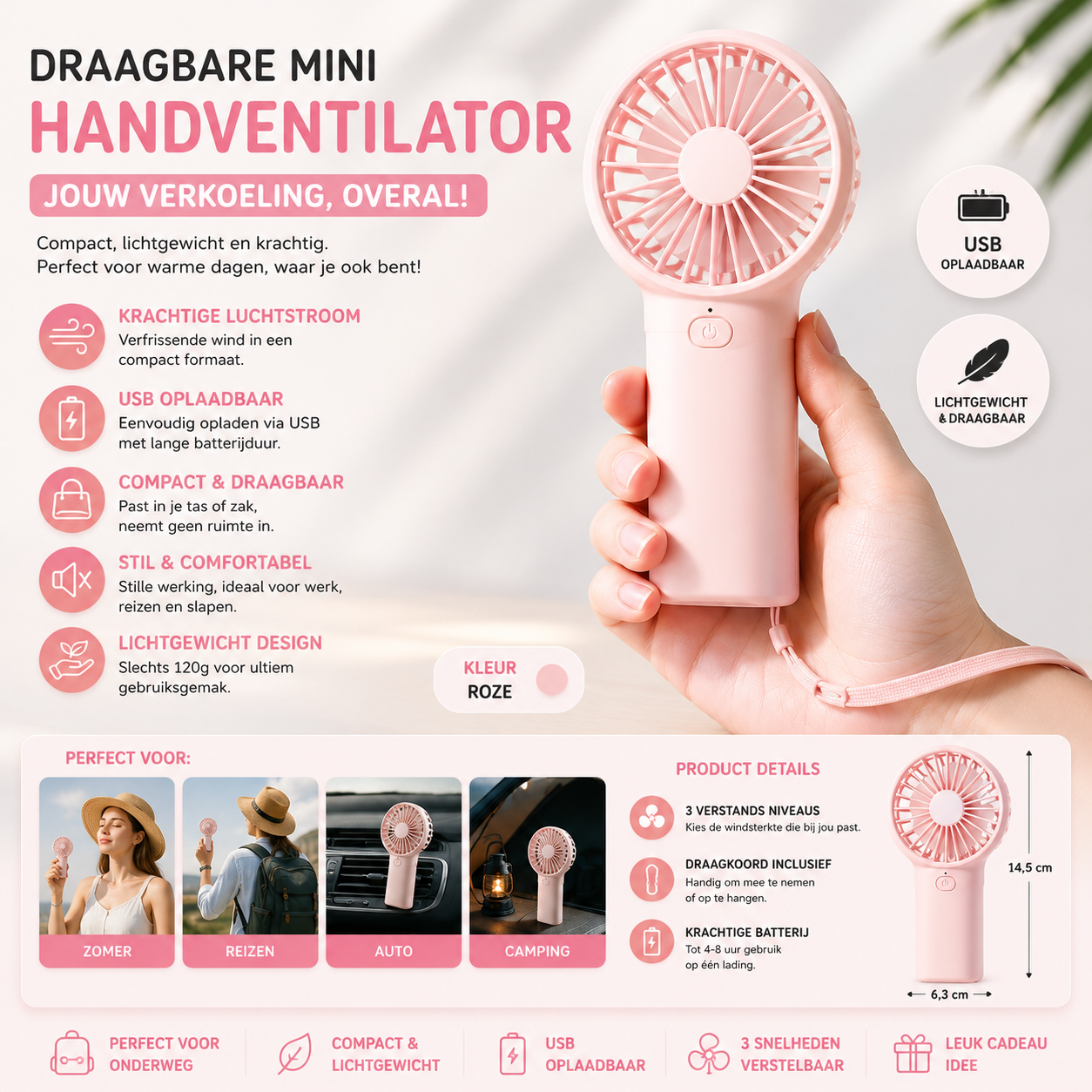 Draagbare Mini Handventilator | USB Oplaadbare Reisventilator – Compacte Ventilator voor Zomer, Auto, Camping & Reizen – Roze