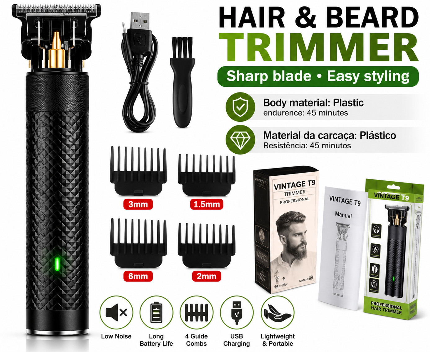 T9 Professionele Haartrimmer & Baardtrimmer | Draadloze Tondeuse voor Mannen – Zero Gap 0mm – Oplaadbare Hair & Body Trimmer