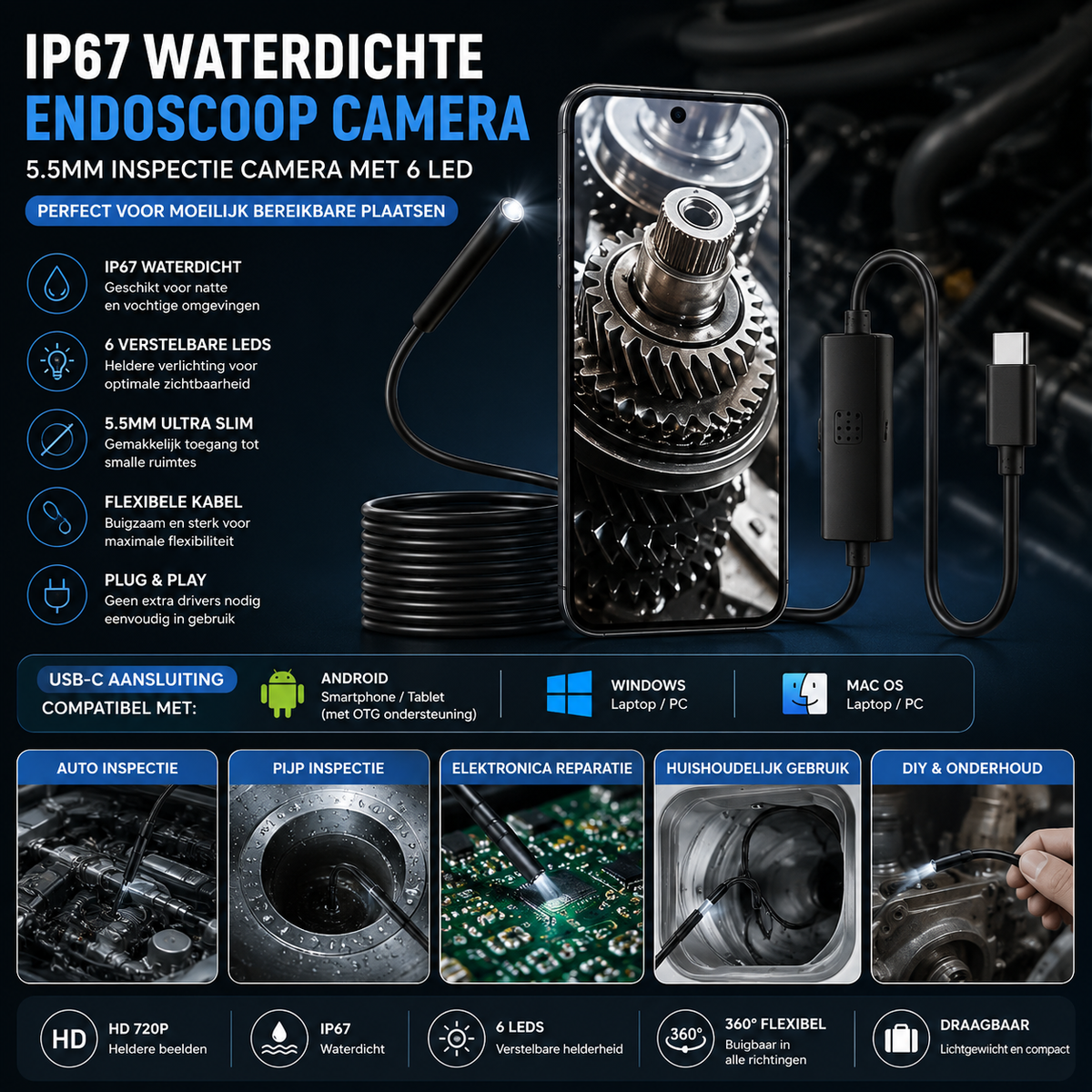 IP67 Waterdichte USB-C Endoscoop Camera | 5.5MM Inspectiecamera met 6 LED Lampen voor Android & PC