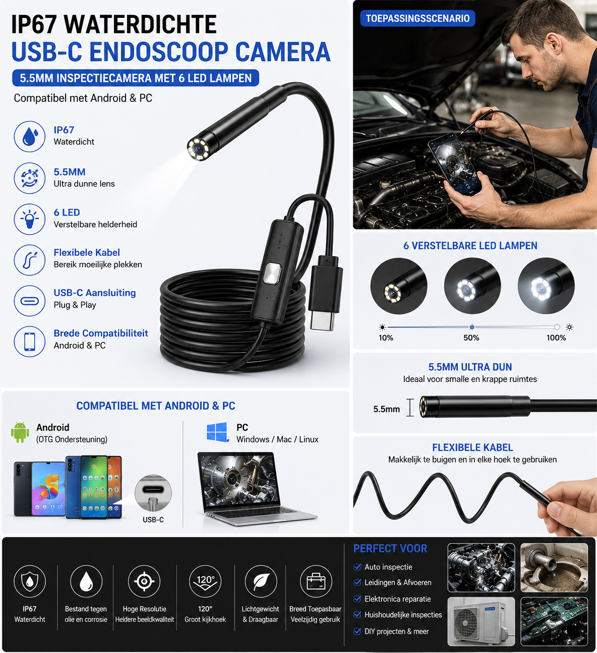IP67 Waterdichte USB-C Endoscoop Camera | 5.5MM Inspectiecamera met 6 LED Lampen voor Android & PC