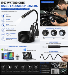 IP67 Waterdichte USB-C Endoscoop Camera | 5.5MM Inspectiecamera met 6 LED Lampen voor Android & PC