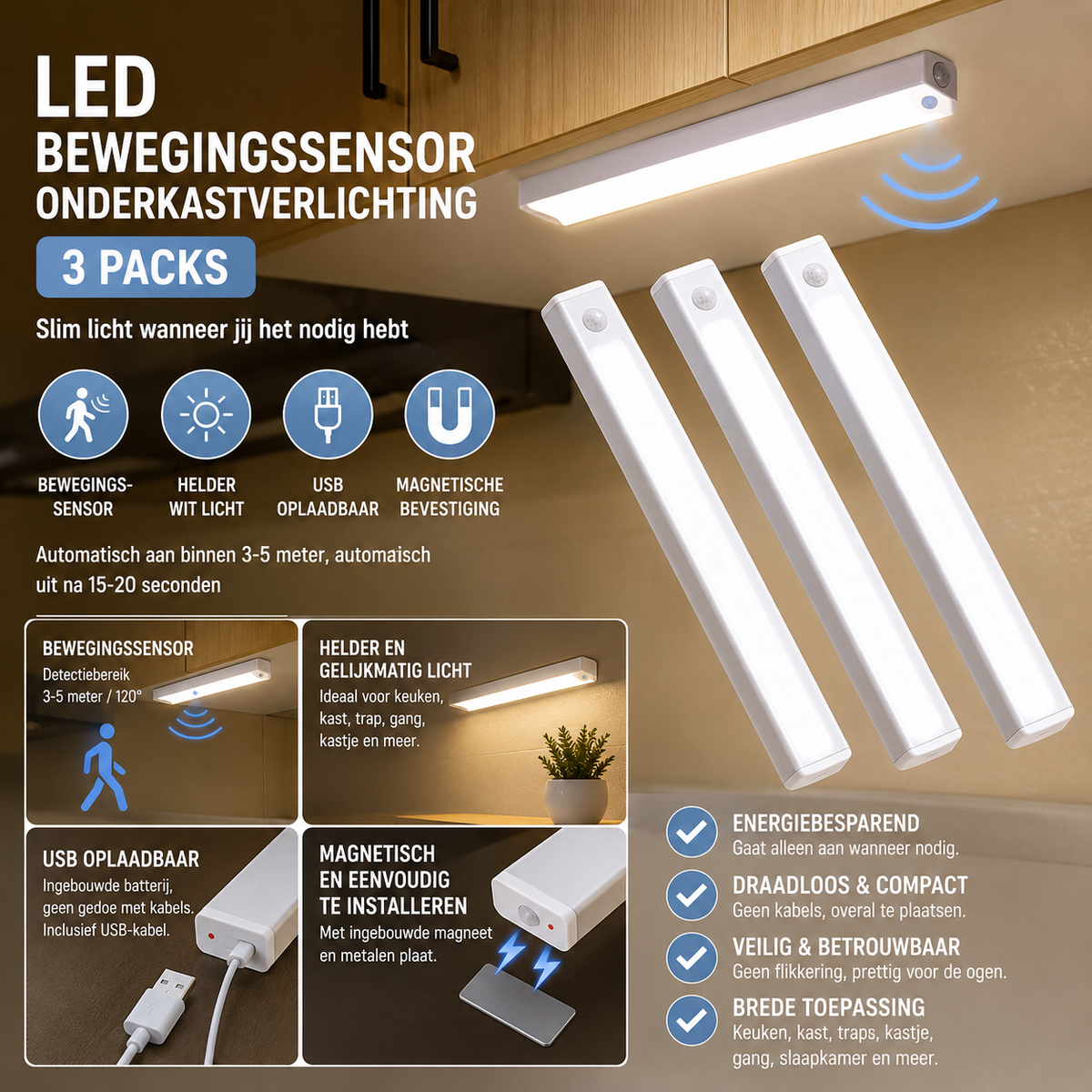 LED Kastverlichting met Bewegingssensor | 50cm USB Oplaadbare Draadloze Magnetische LED Strip – Wit Licht voor Kast, Trap & Slaapkamer