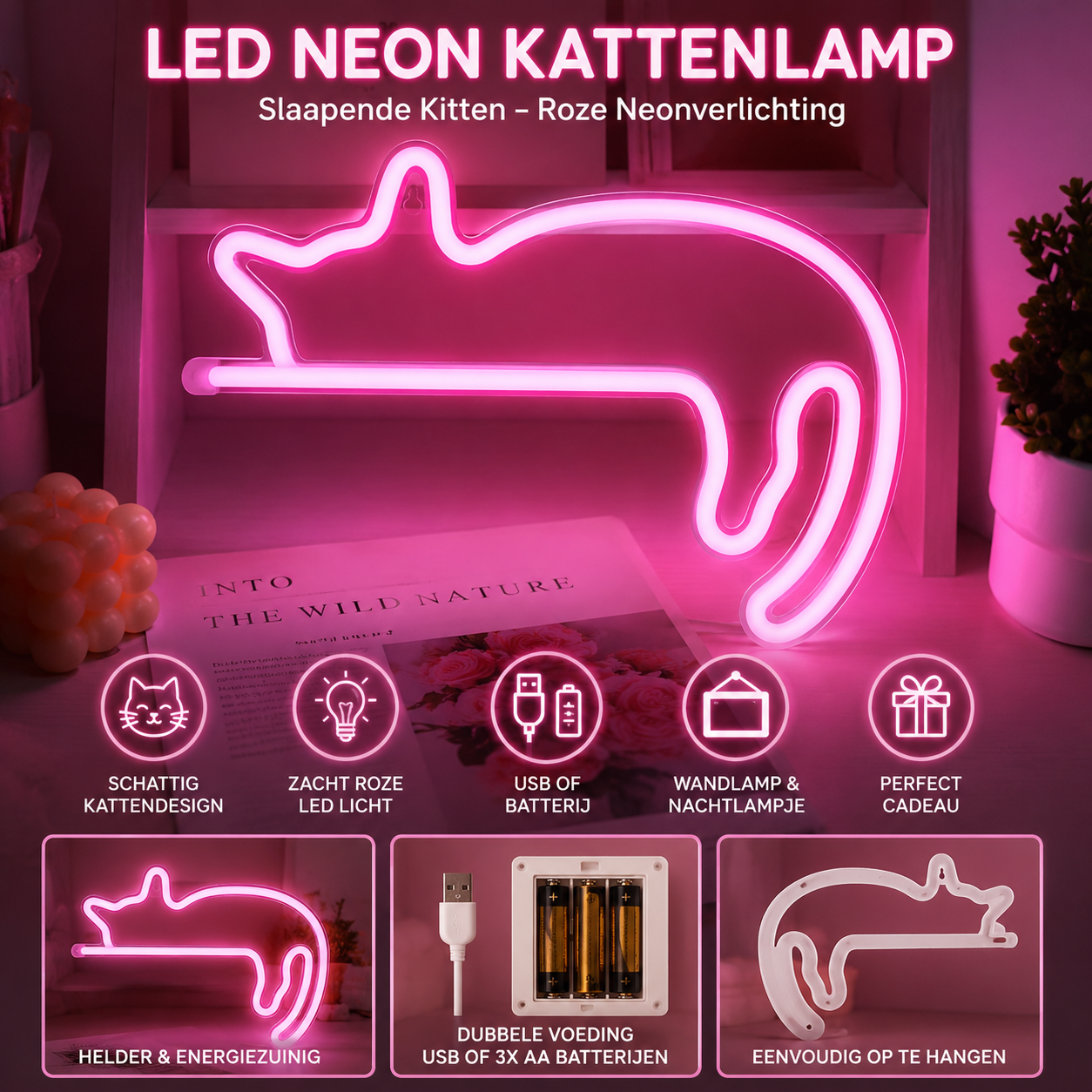 LED Neon Slapende Kat Lamp | Roze Kitten Wandlamp & Nachtlamp – USB of Batterij
