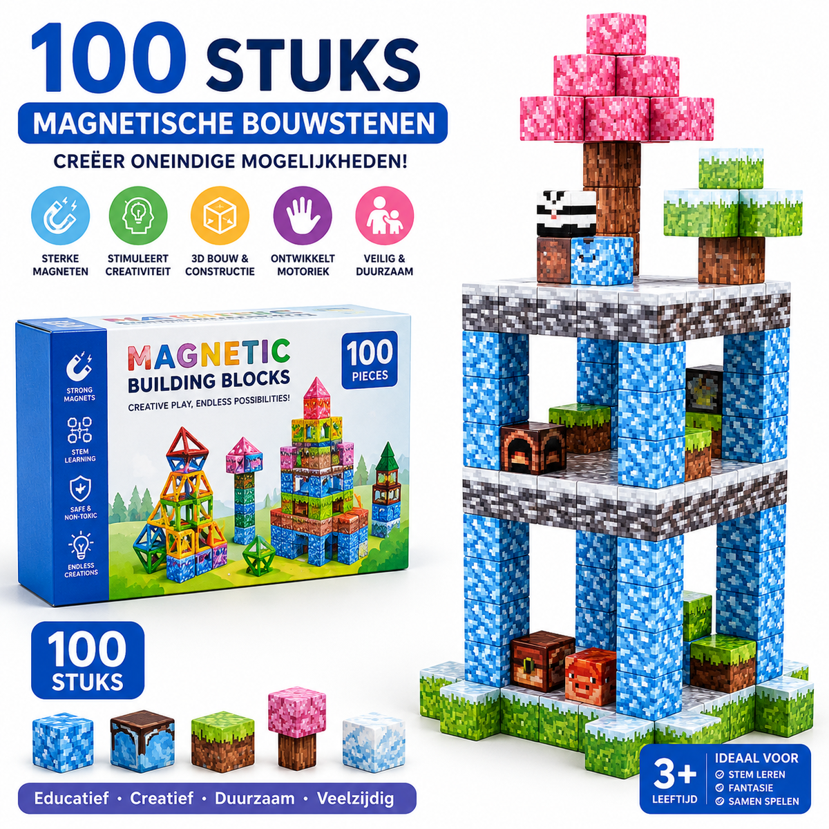 100 Stuks Magnetische Bouwstenen Speelgoed | Educatieve 3D Constructie Blokken voor Kinderen – Creatief STEM Bouwspeelgoed