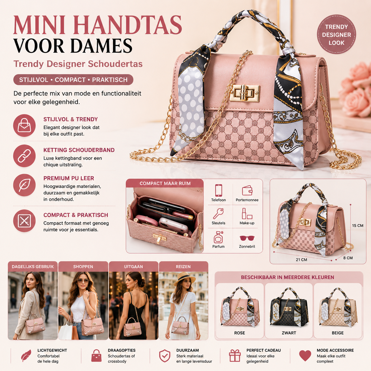 Mini Designer Schoudertas voor Dames | Trendy PU Leren Crossbody Handtas met Kettingn Strap