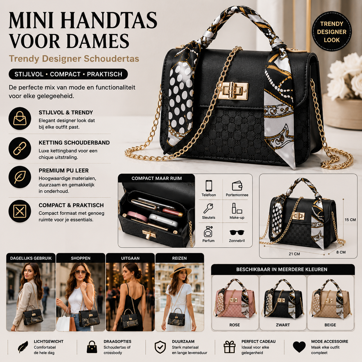 Mini Designer Schoudertas voor Dames | Trendy PU Leren Crossbody Handtas met Kettingn Strap