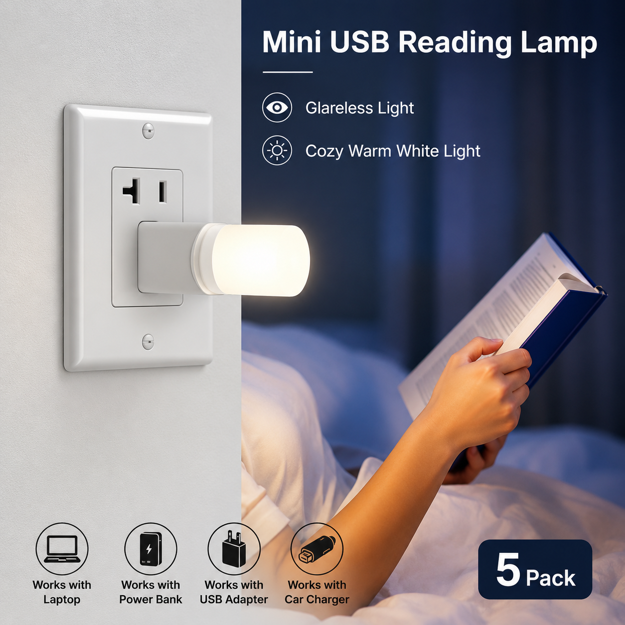 Mini USB Nachtlampje 5-Pack | Warm Wit LED Plug-In Lamp voor Laptop, Powerbank & Slaapkamer