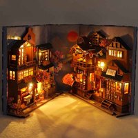 Book Nook Japanse Straat | DIY Miniatuur Huisje Bouwpakket met LED Verlichting – Houten Boekensteun Decoratie voor Boekenkast
