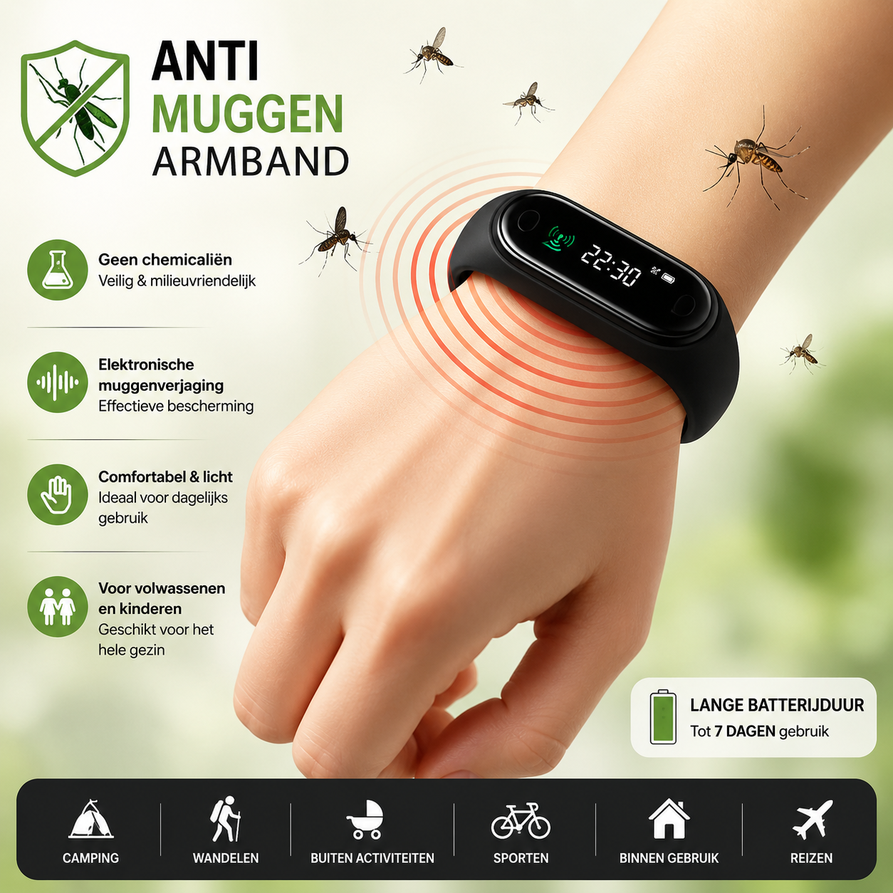 Elektronische Muggen Armband | Anti Muggen Horloge & Insectenwerende Polsband voor Outdoor & Binnengebruik