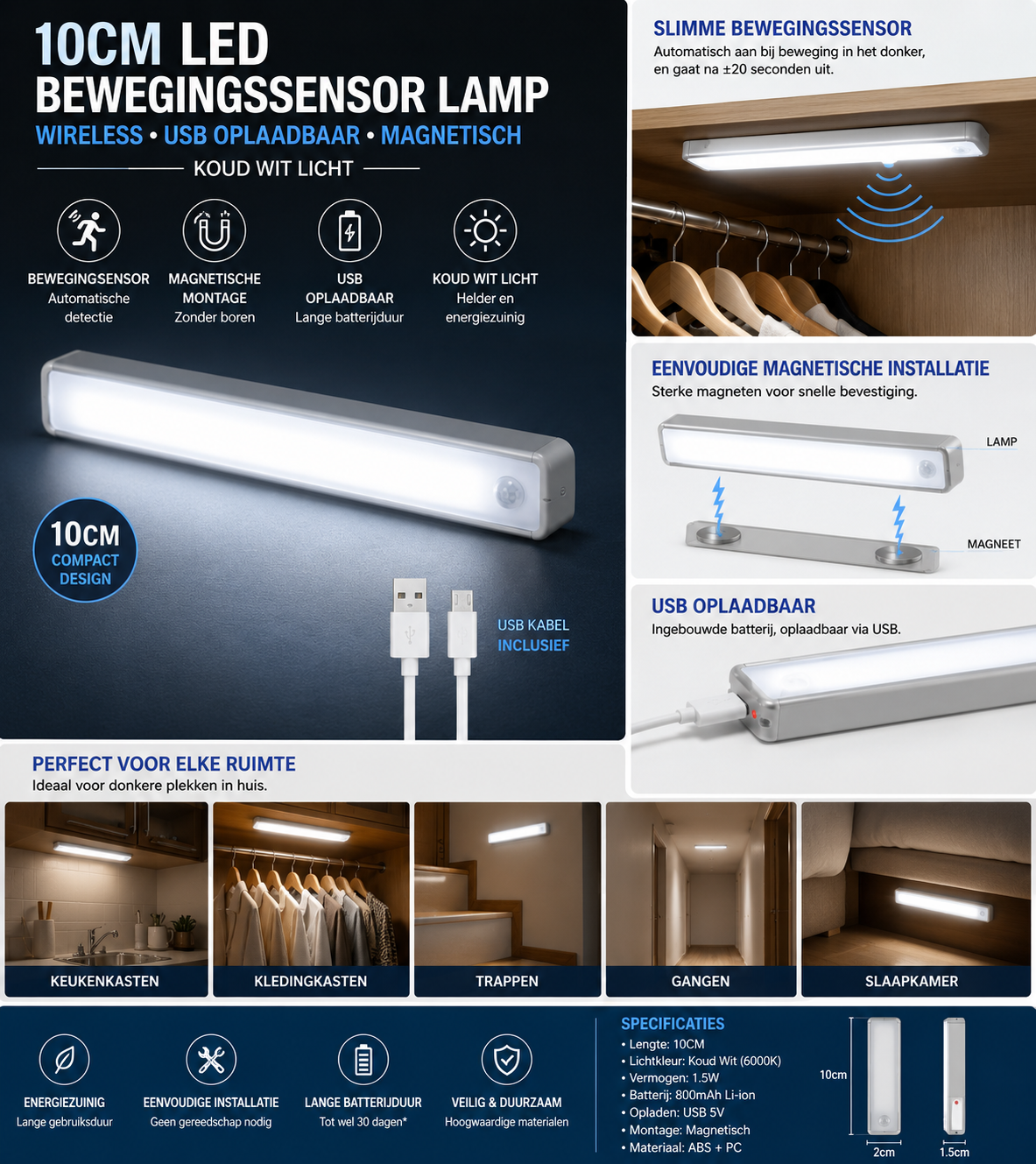 10CM LED Kastverlichting met Bewegingssensor – USB Oplaadbare Magnetische Lamp voor Kast, Trap, Gang en Slaapkamer – Koud Wit