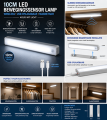 10CM LED Kastverlichting met Bewegingssensor – USB Oplaadbare Magnetische Lamp voor Kast, Trap, Gang en Slaapkamer – Koud Wit