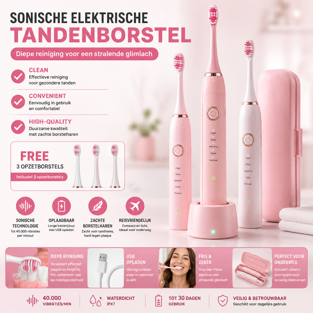 Roze Sonische Elektrische Tandenborstel | Oplaadbaar met 3 Opzetborstels – Reisvriendelijke Zachte Borstels