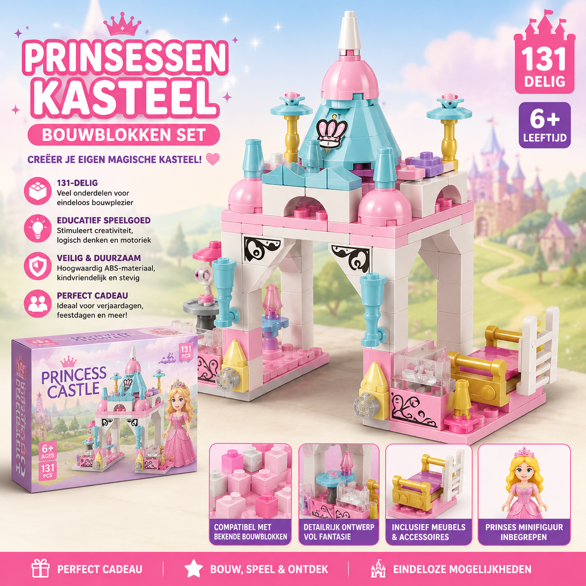 Prinsessen Kasteel Bouwblokken Set | 131-delig Roze Constructiespeelgoed voor Meisjes – Educatieve DIY Bouwset 6+