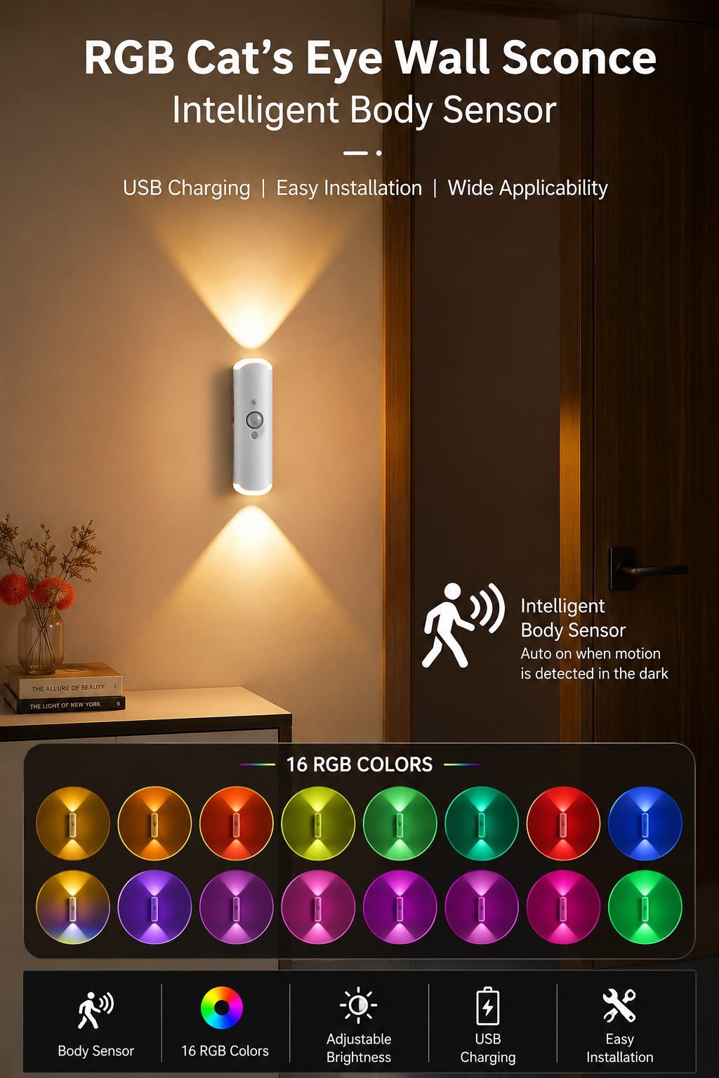 LED Bewegingssensor Nachtlamp | Oplaadbare Magnetische Wandlamp met 3 Lichtkleuren – USB-C Draadloos