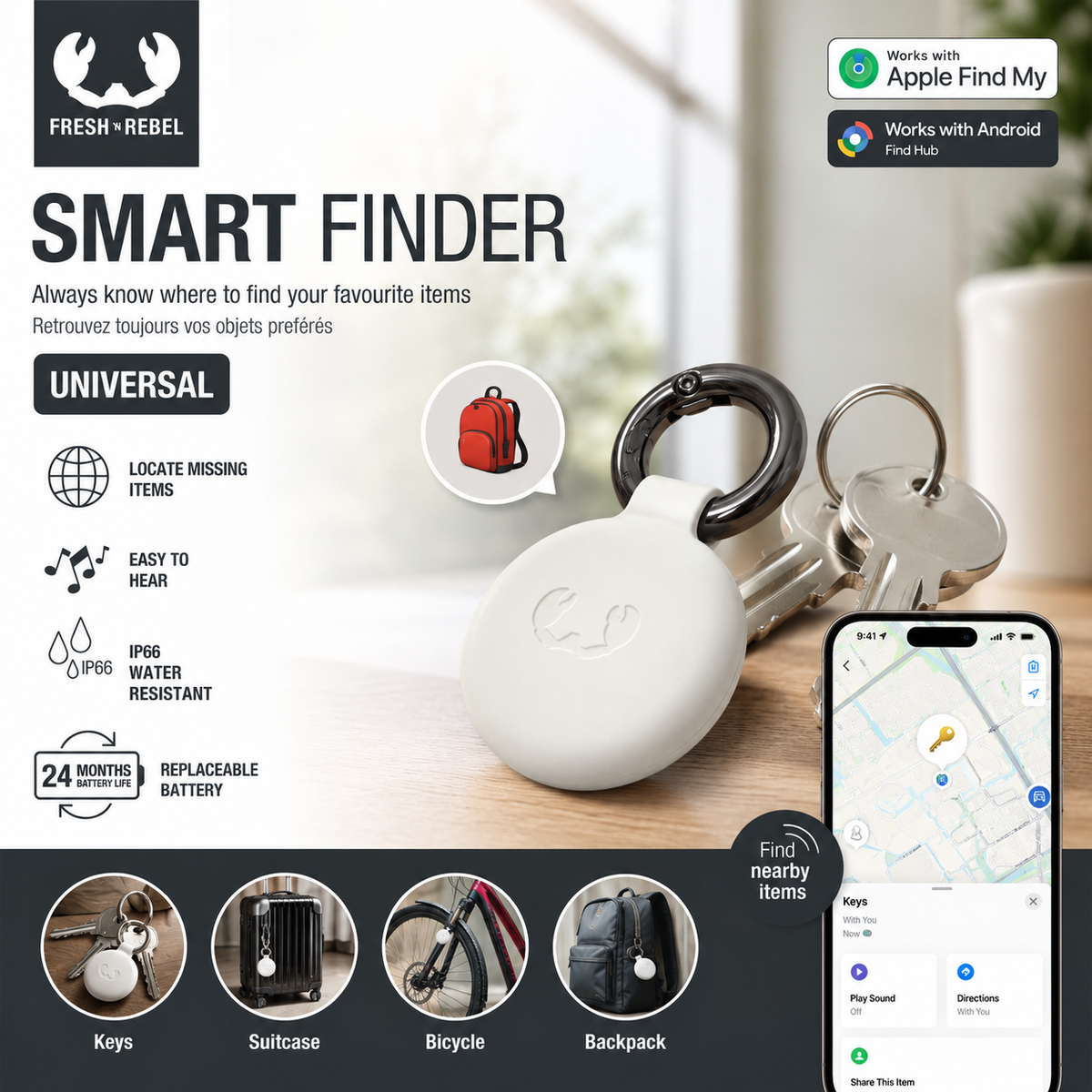 Universele Smart Finder Bluetooth Tracker voor Sleutels, Tas en Koffer – Compatibel met Apple Find My en Android Find Hub – IP66 Waterbestendig