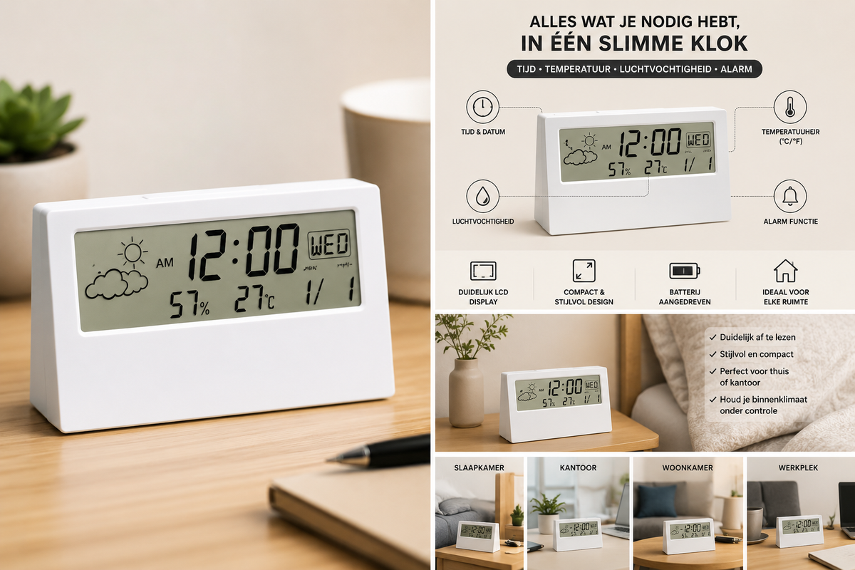 Digitale Wekker met Thermometer & Hygrometer | Binnen Weerstation met Temperatuur, Luchtvochtigheid en Alarm