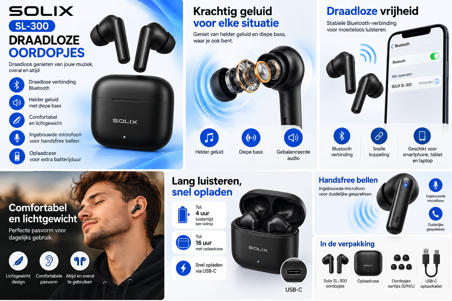 Solix Draadloze Bluetooth Oordopjes – Bluetooth 5.4, Tot 28 Uur Batterijduur met Oplaadcase, Touchbediening, Microfoon en USB-C