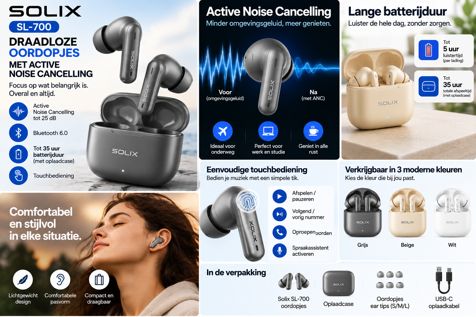 Solix Draadloze Bluetooth Oordopjes met Actieve Ruisonderdrukking – Bluetooth 6.0, Tot 35 Uur Batterijduur, ANC tot 25 dB, Touchbediening en Oplaadcase