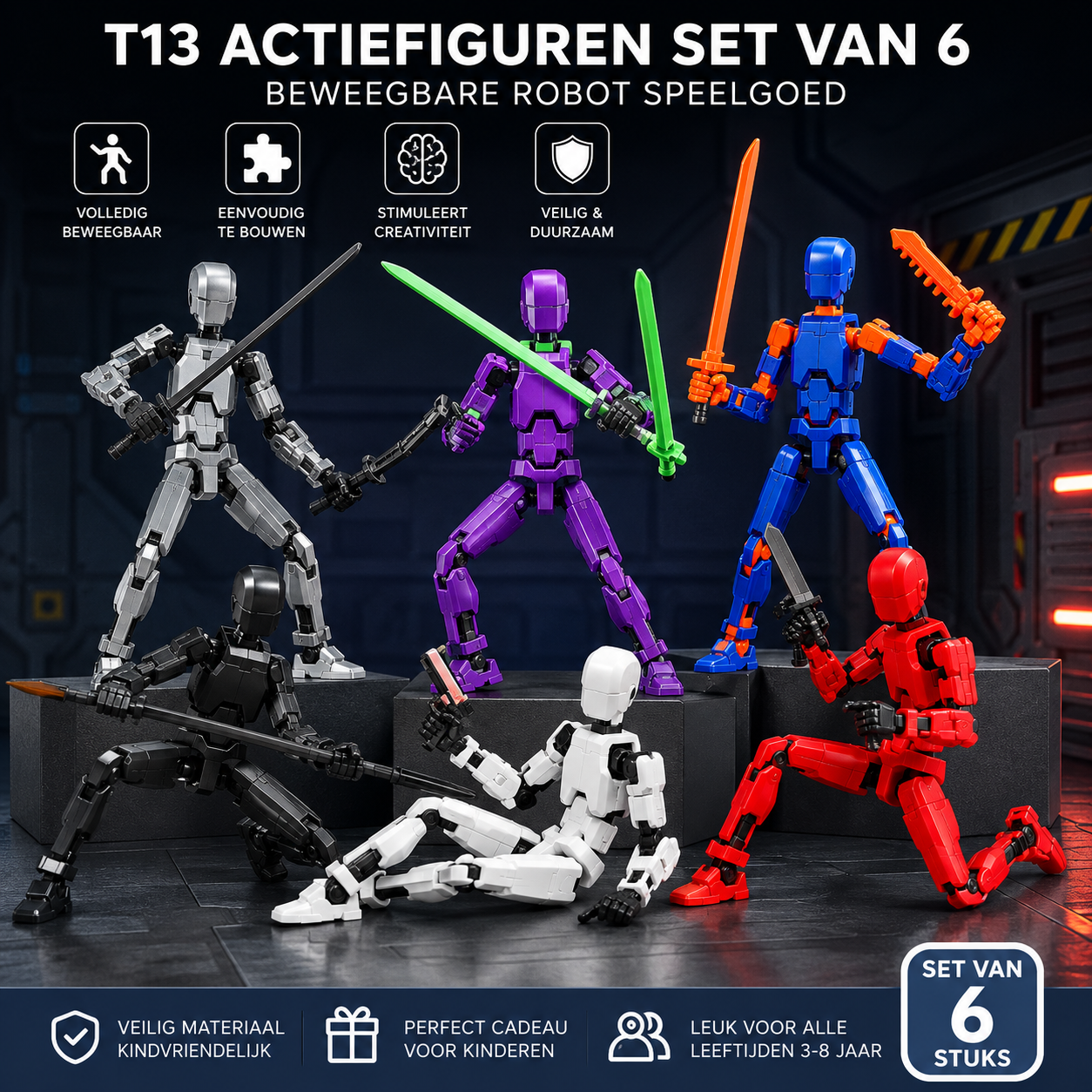 T13 Actiefiguren Set van 6 | Beweegbare Robot Speelgoed & STEM Bouwpakket voor Kinderen 3-8 Jaar