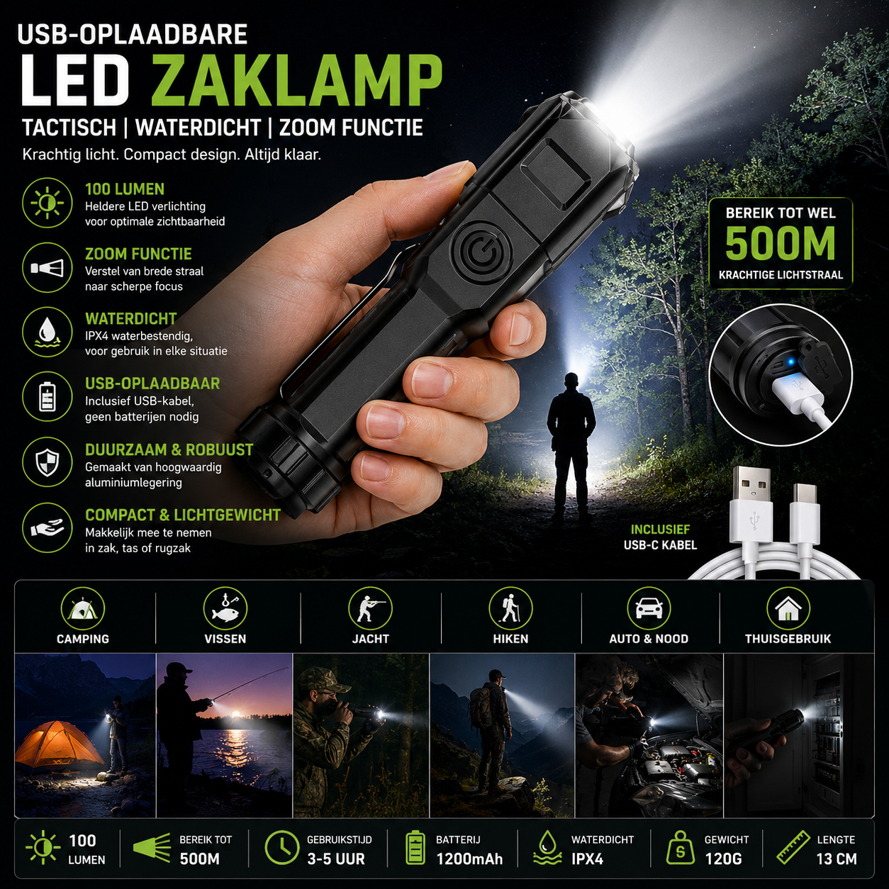 USB Rechargeable LED Flashlight – Waterproof Tactical Zoom Torch for Camping & Outdoor Use