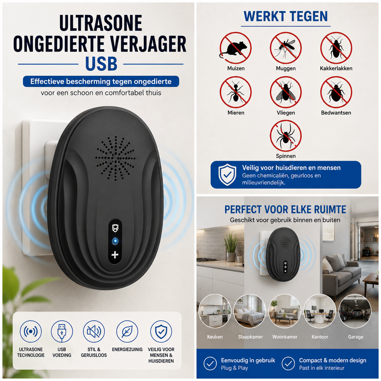 Ultrasone Ongedierte Verjager USB | Elektrische Pest Repeller tegen Muizen, Muggen & Insecten – Veilig voor Huisdieren