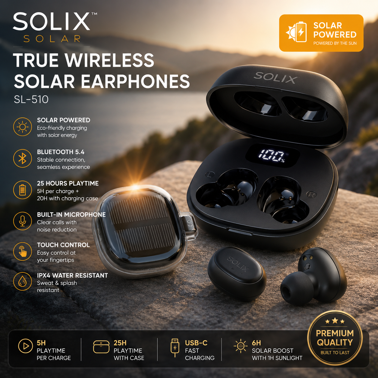 SOLIX Solar Draadloze Oordopjes met Zonne-oplaadcase – Bluetooth In-Ear Koptelefoon met Microfoon, Touch Bediening en Oplaadbox voor Sport, Reizen en Dagelijks Gebruik