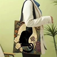 Kunstzinnige Zwarte Kat Canvas Shopper | Herbruikbare Tote Bag voor Dagelijks Gebruik