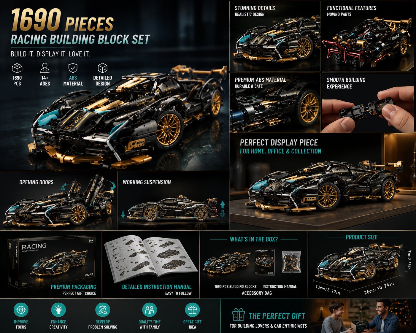 1690-delige Groene Racing Auto Bouwstenen Set – Premium Modelbouw Bouwpakket voor Volwassenen en Autoliefhebbers